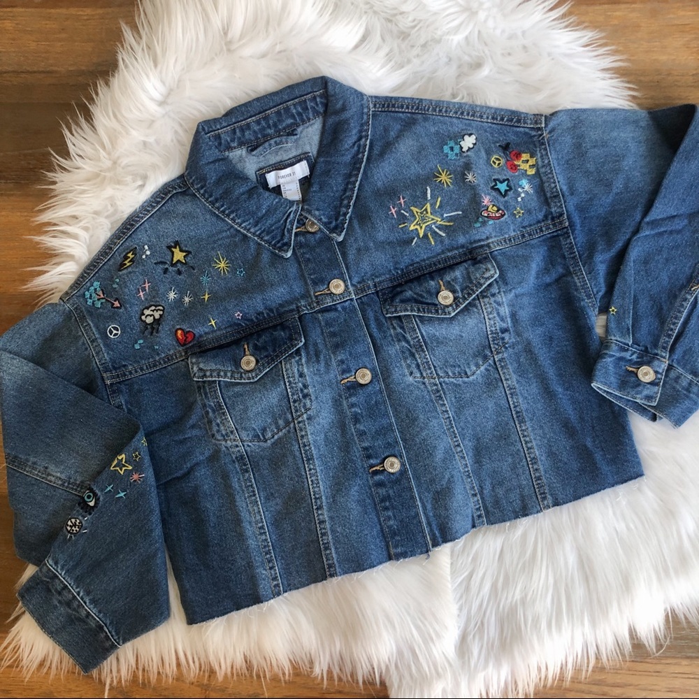 Embroidered cropped denim jacket, brand new.
